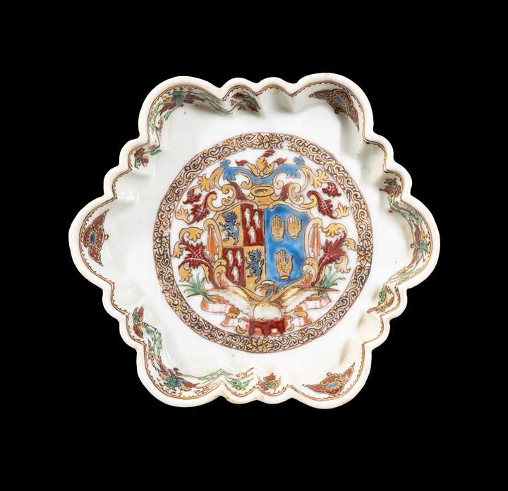 GG: Chinese export armorial porcelain teapot stand, arms of Percy impaling de Touchet or Fane